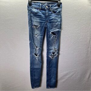 American Eagle Distressed Jegging Jeans Womens 00 Blue Stretch Denim 2621